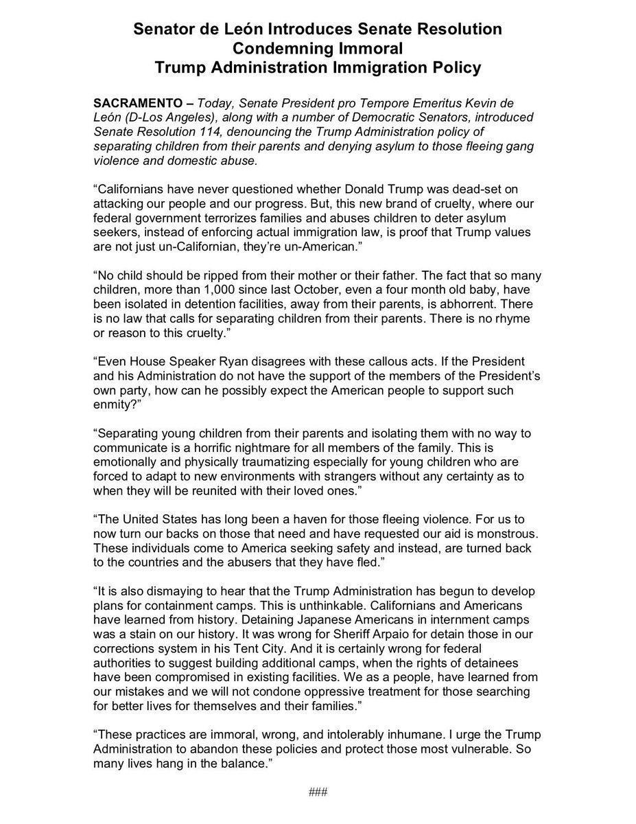 Families belong together, plain and simple. This new brand of cruelty, where our federal government terrorizes families and abuses children to deter asylum instead of enforcing actual immigration law, is proof that Trump values are not just un-Californian, they’re un-American.