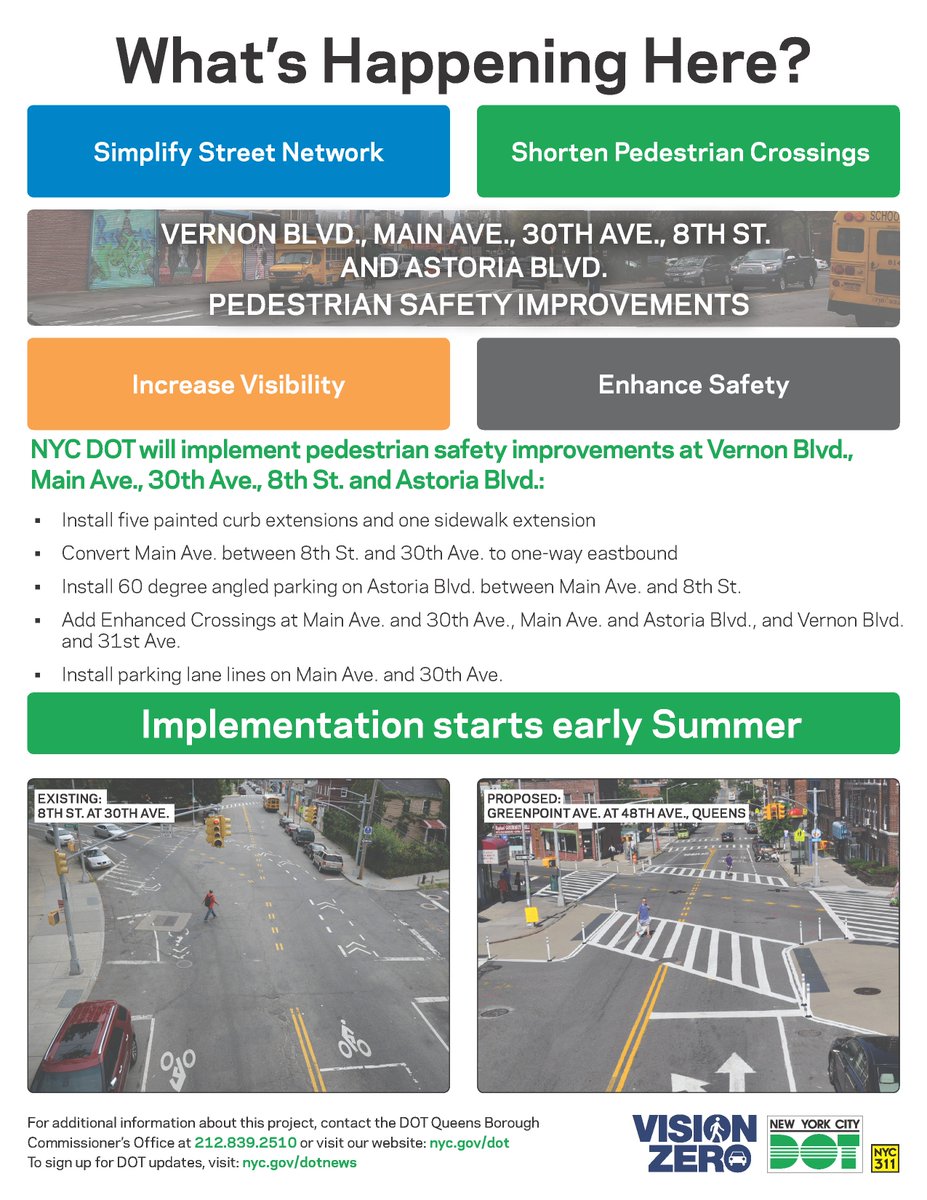 NYC_DOT's tweet photo. This summer we will be installing pedestrian safety improvements at #VernonBlvd, #MainAve, #30thAve, #8thSt & #AstoriaBlvd in #Queens.
This #VisionZero project will:
๐Simplify street network
๐ถShorten crossings
๐Increase visibility
๐ถEnhance safety
https://t.co/knMOP9VRBT https://t.co/Hnf6j2YFnT
