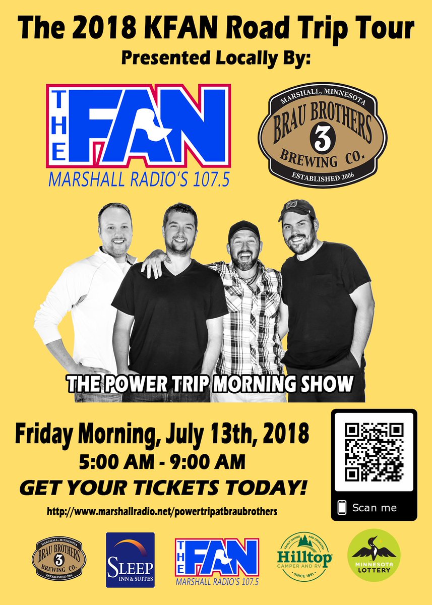 Do you have your tickets yet?  We can't wait to see you <a href="/BrauBeer/">Brau Bros Brewing</a> in Marshall bright &amp; early on Friday morning, July 13th! #kfanroadtriptour <a href="/PowerTripKFAN/">Power Trip KFAN</a> <a href="/KFAN1003/">KFAN1003</a> <a href="/CoryCove/">Cory Cove</a> <a href="/Chris_Hawkey/">Chris Hawkey</a> <a href="/MeatSauce1/">Paul Lambert</a> <a href="/AjKFAN/">Aj Mansour</a>