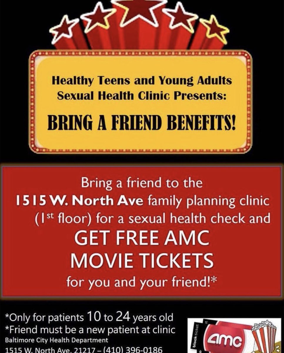 yhypbaltimore's tweet photo. It Monday would love you to have FREE MOIVE TICKETS FOR YOU AND A FRIEND. Come and bring a friend to get a sexual health check and get free movies 🎥 tickets. Check out the information above to qualify #KEEPIT100 #YHYPBALTIMORE #BMOREHEALTHY #FRIENDS #1515 https://t.co/c83YklBLHs