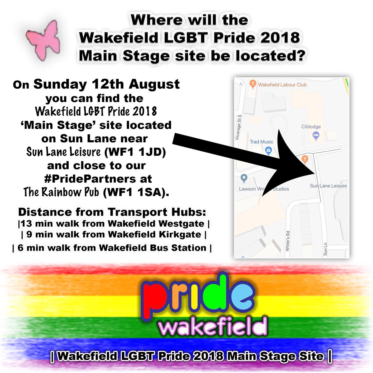 🏳️‍🌈 Where will the Wakefield LGBT Pride 2018 ‘Main Stage’ site be located and how far is it from Wakefield’s key public transport hubs? 🤔 🚶🏾‍♂️🚂🚌🚕 #gaywakefield #Wakefield #LGBT #WakefieldPride