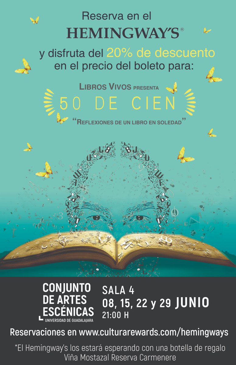 CulturaUdG's tweet photo. Las cosas buenas siempre vienen bien acompañadas.☝
Esta semana disfruta “50 de cien” con un 20% de descuento, una exquisita cena y te obsequiamos una botella de vino.
🎭🍽🍾
Reserva aquí https://t.co/0l2PHe9VkX https://t.co/IFhIQ5nIV3