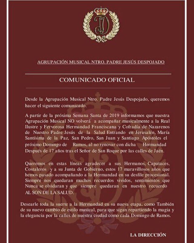Comunicado oficial de la Agrupación Musical Ntro. Padre Jesús Despojado,