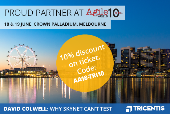 Tricentis's tweet photo. Last chance! Are you attending the Agile Australia Conference, 18-19 June, Melbourne? #Tricentis is a proud sponsor - #booth1 #rethinktesting - test like a boss! Get your 10% discount by using our promo code AA18-TRI10 https://t.co/BvRDbASCeZ https://t.co/EK2ZKlEIjj
