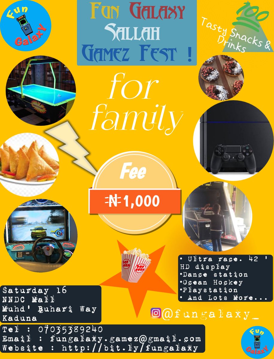 kadunaservices's tweet photo. Fun Galaxy Sallah Gamez Fest @ The NNDC Mall Muh'd Buhari Way.
Arcade Games & Playstion. Lots of food & Snacks #Kaduna.
#fun #gamezone #fungalaxy #arcade #food #foodie #munchies #much #cupcakes #popcorn #samosa #drinks #thingstodoinkaduna #kadunaservices https://t.co/bBsIRFfKGu
