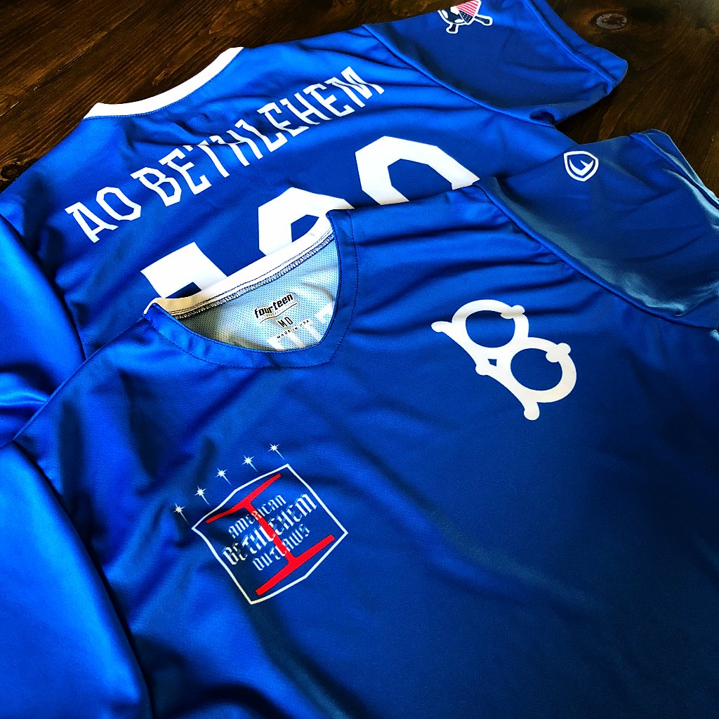 FourgAthletics's tweet photo. AO Bethlehem kept it clean with their new chapter jerseys. The #worldcup starts today and its not to late to get your own supporter jerseys! #14family #ao #americanoutlaws #bethlehem #americanmade #14graphics #soccer #fifa https://t.co/fVyEleW2iL