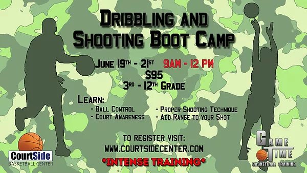 CourtsideCenter's tweet photo. Want to improve your Dribbling and Shooting skills?
Come join us for our Dribble and Shoot Boot Camp 🏀🥾 
 Register online today! https://t.co/uZf1bpqqa6