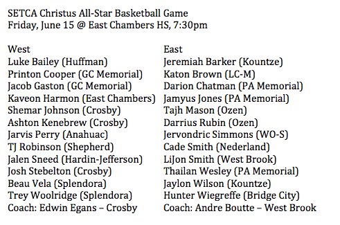 hoopinsider's tweet photo. SETCA All-Star Basketball Game this Friday @ East Chambers HS

West
@SauceFam_Kbrew
@JStebby10
@treyw_17
@TJRob1nson__24
@Dylan_Hairston9
@jacobgaston5
@Kaevonh23
@VelaBeau
@ssammy_sosaa        
@NBASJ2
@iamjalensneed
@edwin_egans https://t.co/AzGzqSIzXw