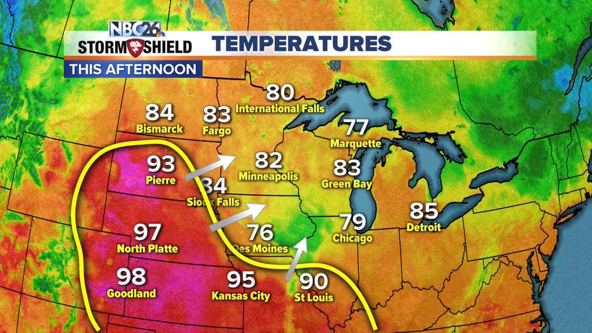 CameronMoreland's tweet photo. HOT & HUMID weather is on the way!!!!
Record highs are possible both Saturday & Sunday and when you factor in the humidity(dew points near 70Β°) the heat index will push 100Β°. #findapool #findalake #nbc26wx https://t.co/guHnGBbw4n