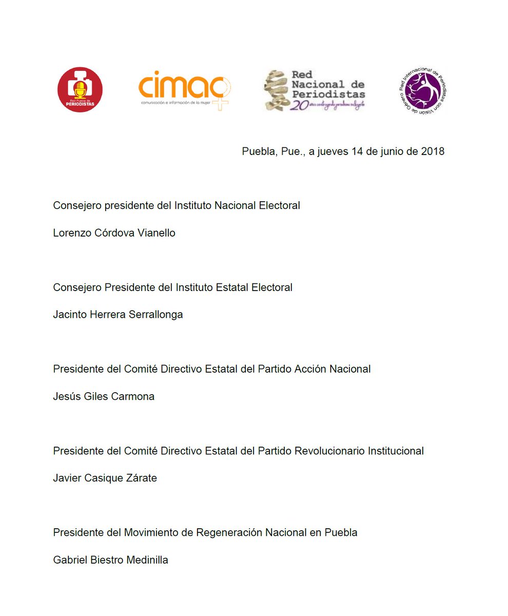 Periodistas_Pue's tweet photo. Exigimos que se investiguen y sancionen las agresiones contra periodistas en #Puebla cometidas por aspirantes, sus colaboradores y brigadistas   @INEMexico @FEPADE_Mex @Puebla_IEE @lorenzocordovav @Jacinto_HS
  
https://t.co/2ED79epDRK https://t.co/zPen3N91JR
