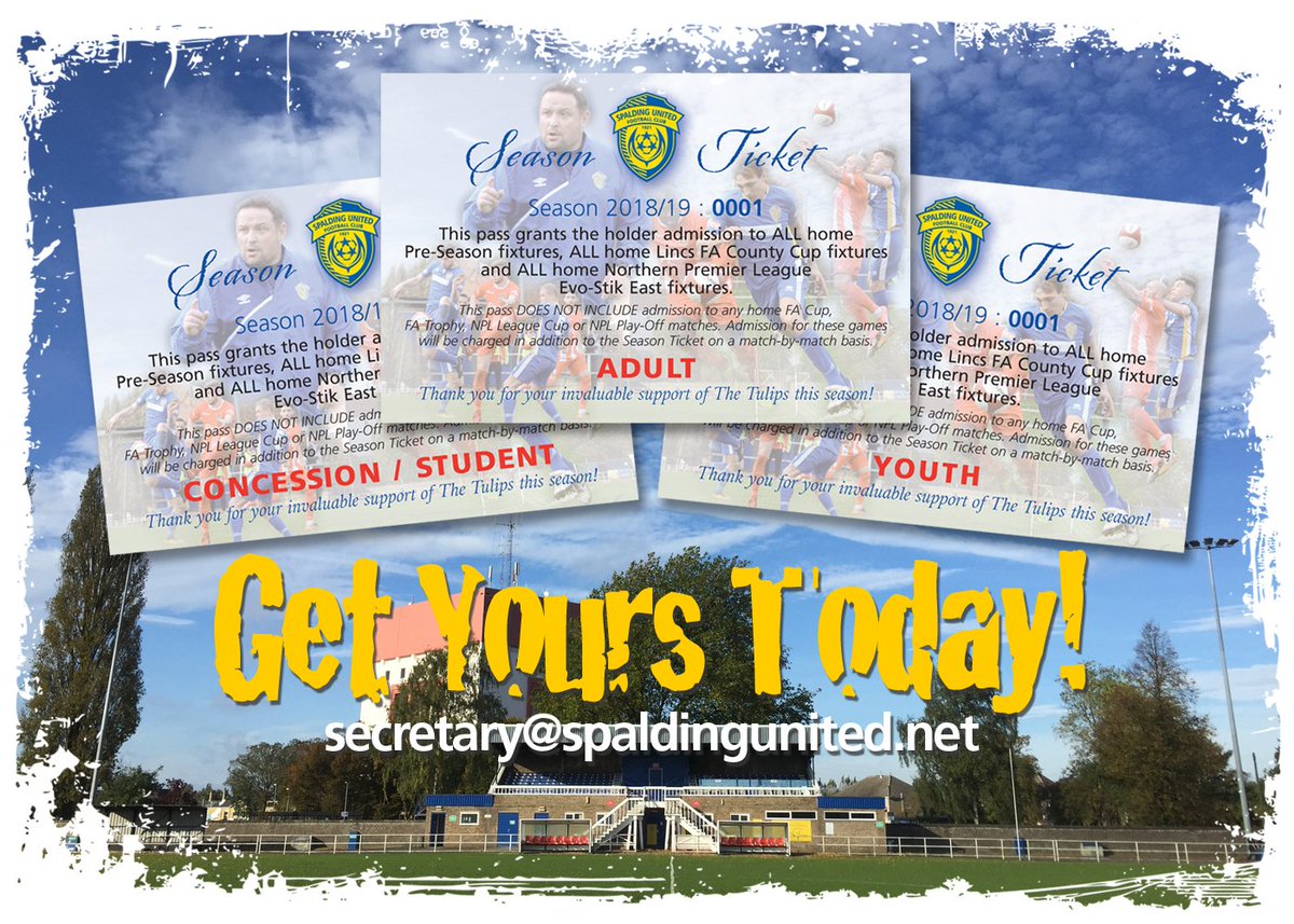 SpaldingUnited's tweet image. Representing some of the best rates to watch non-league #StepFour football locally, the 18/19 #TulipsSeasonTickets cost Adults: £100, Concession/Student: £60, Youth (12-16): £30. All available via Louise: secretary@spaldingunited.net 😀