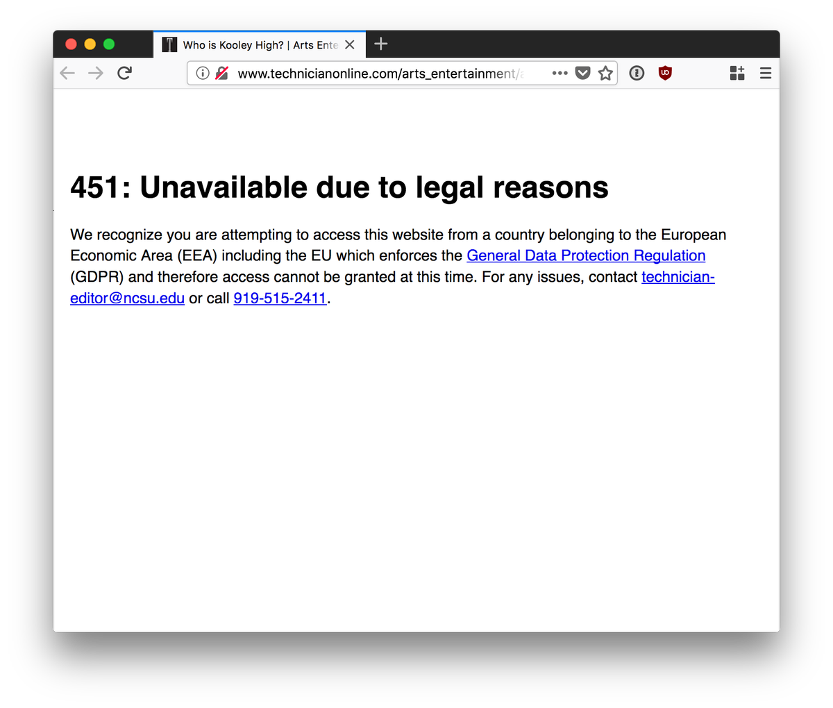 falzm's tweet photo. For the first time I witness a real world use of the "451 Unavailable For Legal Reasons" HTTP status code, courtesy of the #GDPR 😔 https://t.co/eXLO4avcy0