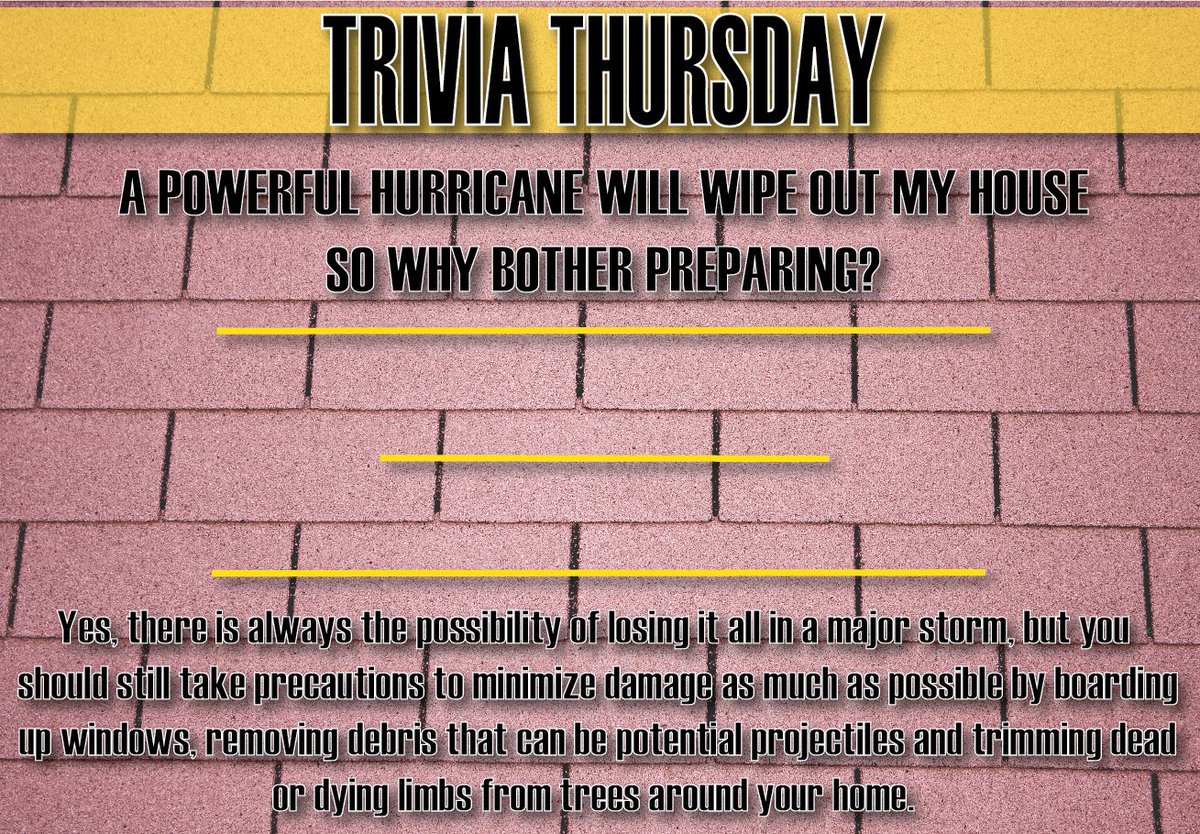 #TriviaThursday These simple actions could mean the difference between a repairable house and a total loss.

#HoustonRoofers #RoofTrivia #HurricaneSeason #HurricaneTrivia #HomeProtection #RoofProtection #StormDamage #RoofContractors #KnowYourRoof #StormProtection