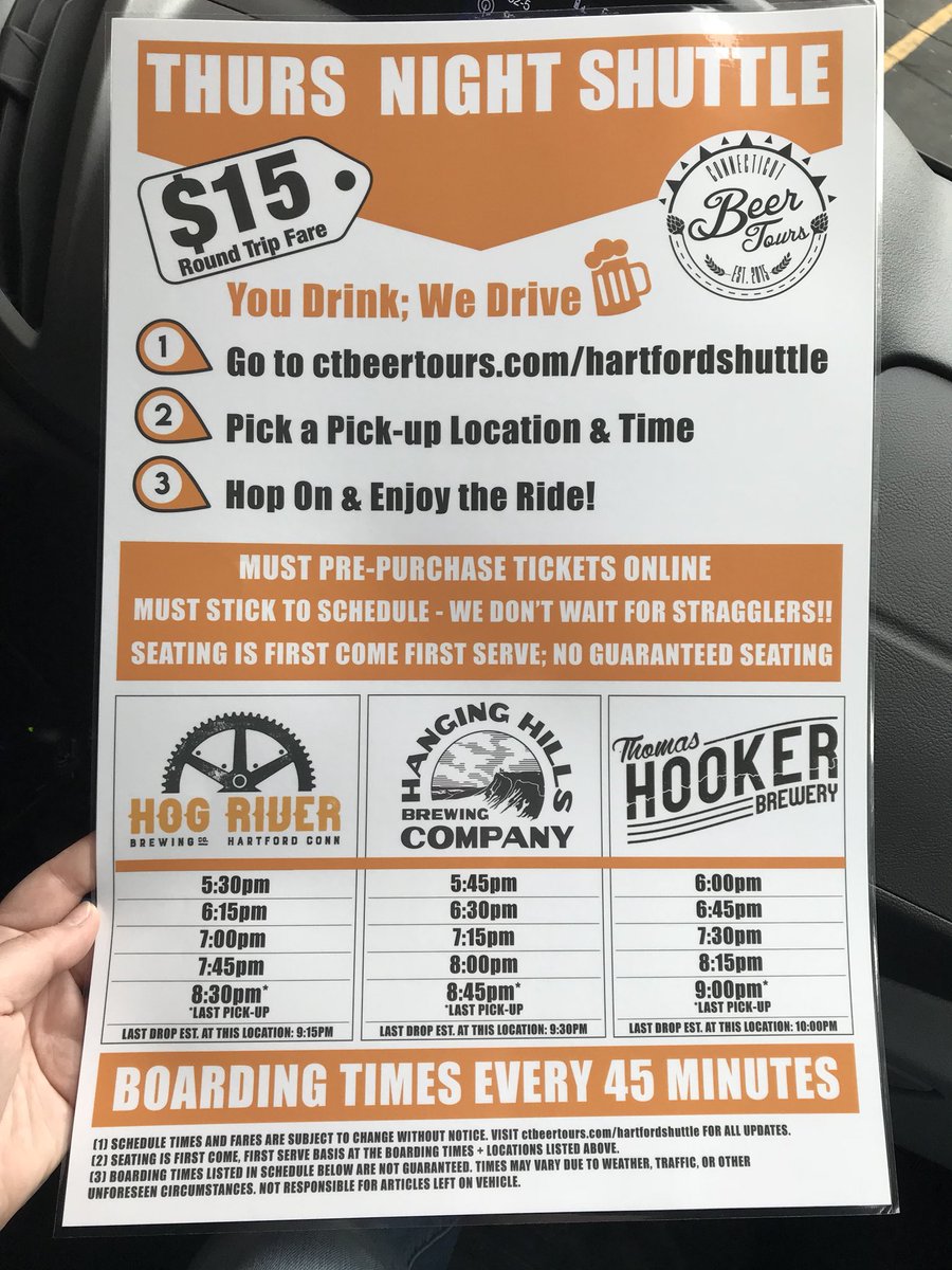 ctbeertours's tweet photo. Posters are complete for Hartford’s Thurs Night Shuttle. You Drink We Drive! $15 ticket for transportation only (must pre-register online). We rotate between @HogRiverBrewing @HHillsBeer &amp; @hookerbeercolt every 45 minutes starting at 5:30pm every Thursday! #dontdrinkanddrive https://t.co/Fdp4JkNXt7