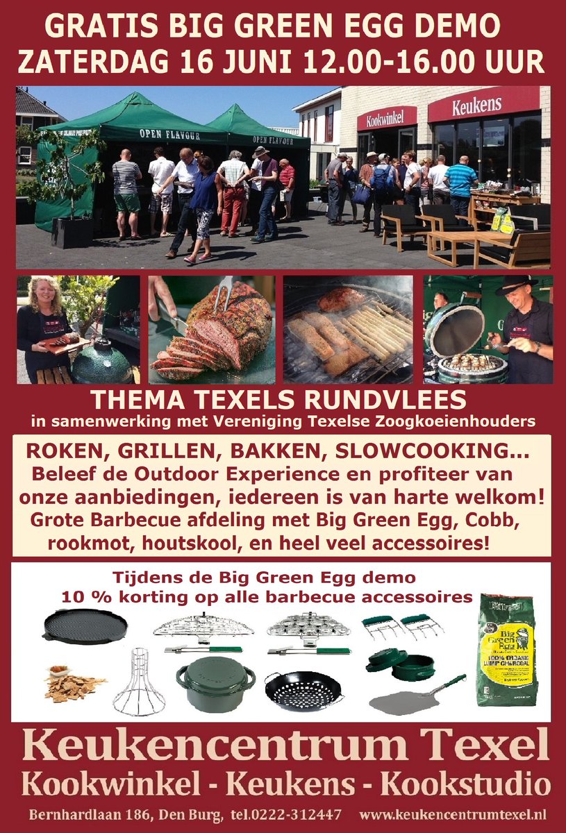 Gratis Big Green Egg demo Texels Rundvlees zaterdag 16 juni 12.00-16.00 uur in samenwerking met Vereniging van Texelse Zoogkoeienhouders. o.a. bavette, staartstuk, sukade en diamanthaas. Kom gezellig kijken en proeven, iedereen is van harte welkom! facebook.com/events/1986285…