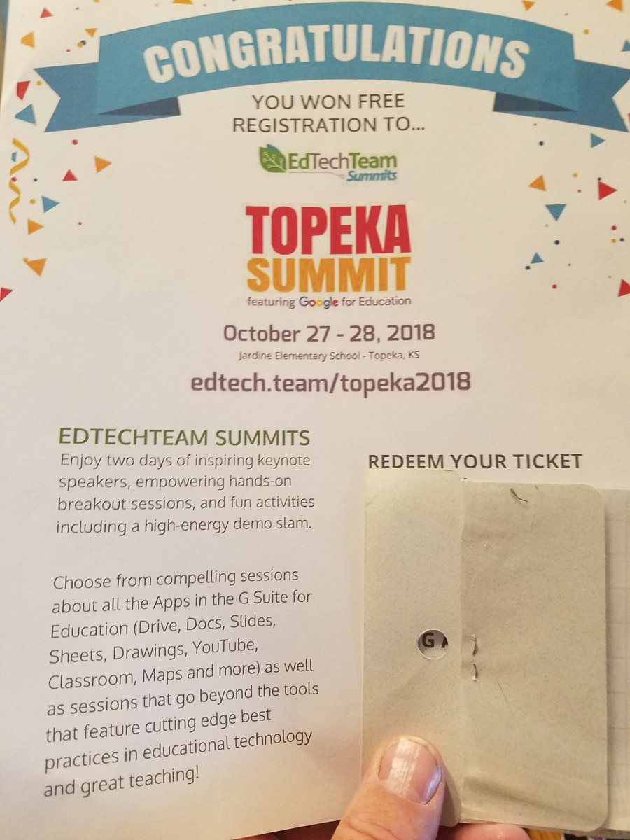 Won a big bucks registration to the Topeka Summit!  I am still extraordinarily lucky. #edcampKS #edtechteam