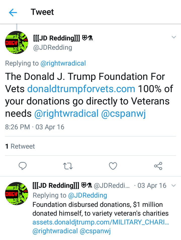 tRumpnado2016's tweet photo. @waybackmachine 11/ Why were Trump trolls still promoting the scam #TrumpForVets website so long after the website froze the amount raised?
How much did they really raise? https://t.co/8kLyUmNj0R