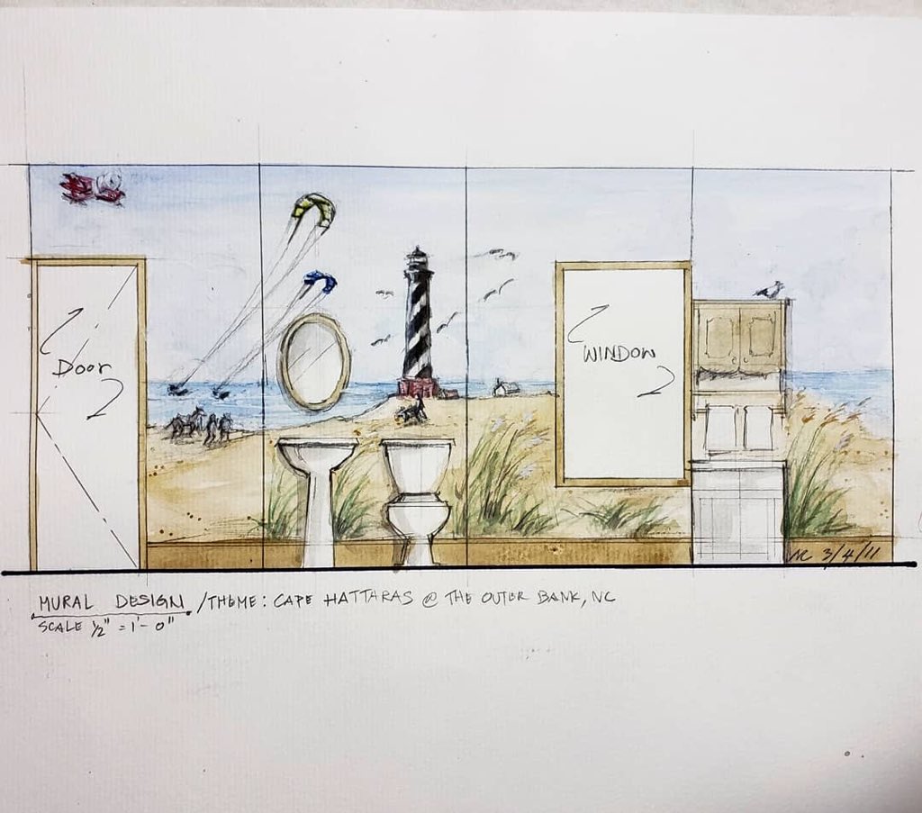 WondrousWalls's tweet photo. My #mural #sketches for the “Cape Hatteras Lighthouse” 😃✏️🖌🎨😀 #watercolor #drawing #design #bathroommural #decorativepainting #art #artwork #painting #sketchidea #keyportnj #artist #muralist #wondrouswalls https://t.co/FYfxL56ctA