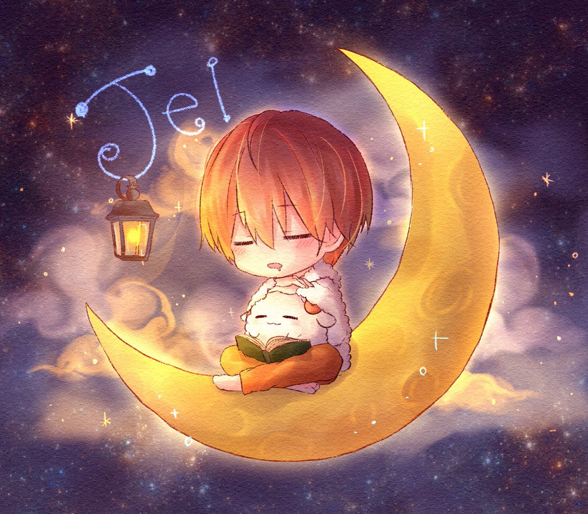 crescent moon moon 1boy book chibi male focus closed eyes  illustration images