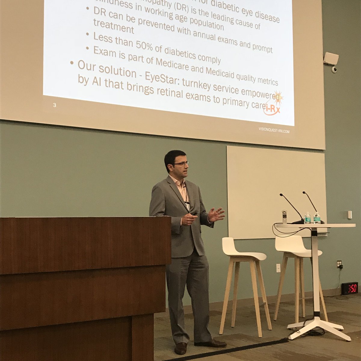 ATI_Arrowhead's tweet photo. Simon Barriga of VisionQuest I-Rx is the sixth of our #HealthSprint participants to pitch his #HealthTech company, which offers an automated solution for detecting diabetic eye disease. #HealthAssembly #Innovation #Investment #ArrowheadCenter https://t.co/EZuJ6qcXDD