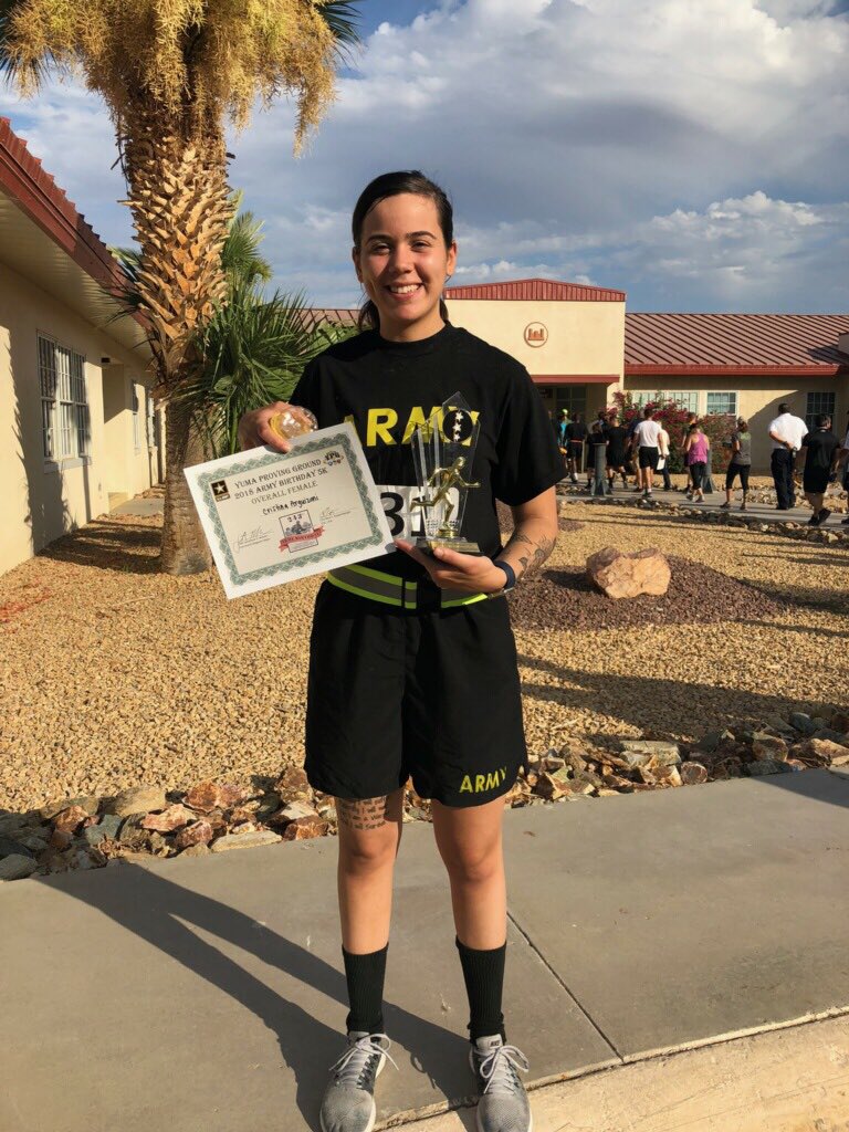 1SGFtIrwinMedCo's tweet photo. Job well done SPC Arguizoni-Rodriguez for getting first place women's overall at Yuma Proving Ground’s #ArmyBDay 5K. https://t.co/Ta3PrNSgY4