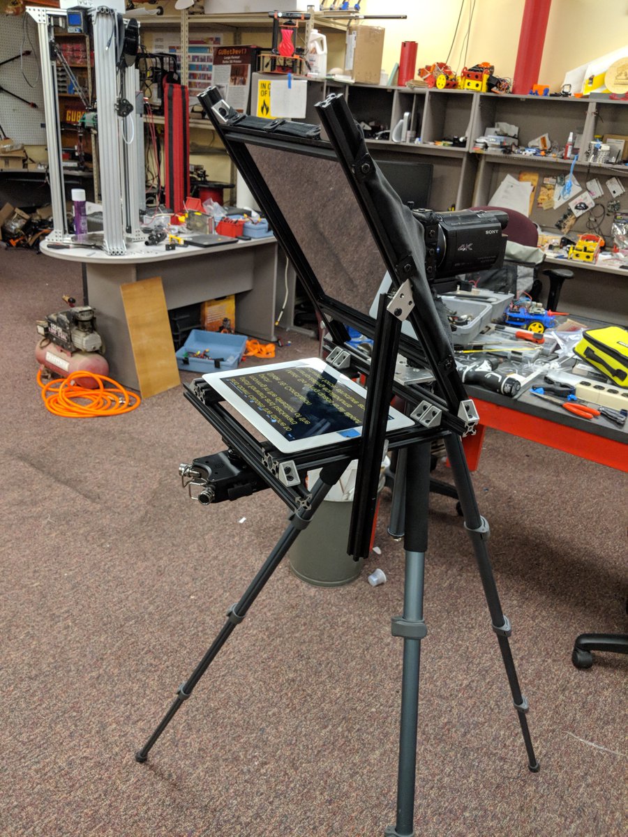 MarkCBlair's tweet photo. A piece of beam splitter glass from https://t.co/vW3S1waQiv, some 20X20 extruded aluminum, iPad, a turn of the century White Rotary sewing machine... boom new teleprompter! Life's great when you can make anything. Some great Droner School #STEM videos from #GUBotDev coming soon! https://t.co/PUc2suyqsY