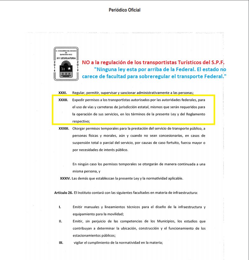movimientoTOUR's tweet photo. @carlosjoaquin @CongresoQRoo Nuestro total rechazo a los articulos 25 FRACCION XXXII y 125 de la #leydeMovilidad debido a que intentan sobrerregular el Transporte Turístico Federal a beneficio de los #taxistas del estado. Ya que no es faculta de los estados atender el S.P.F. https://t.co/sfj0rs1CGA