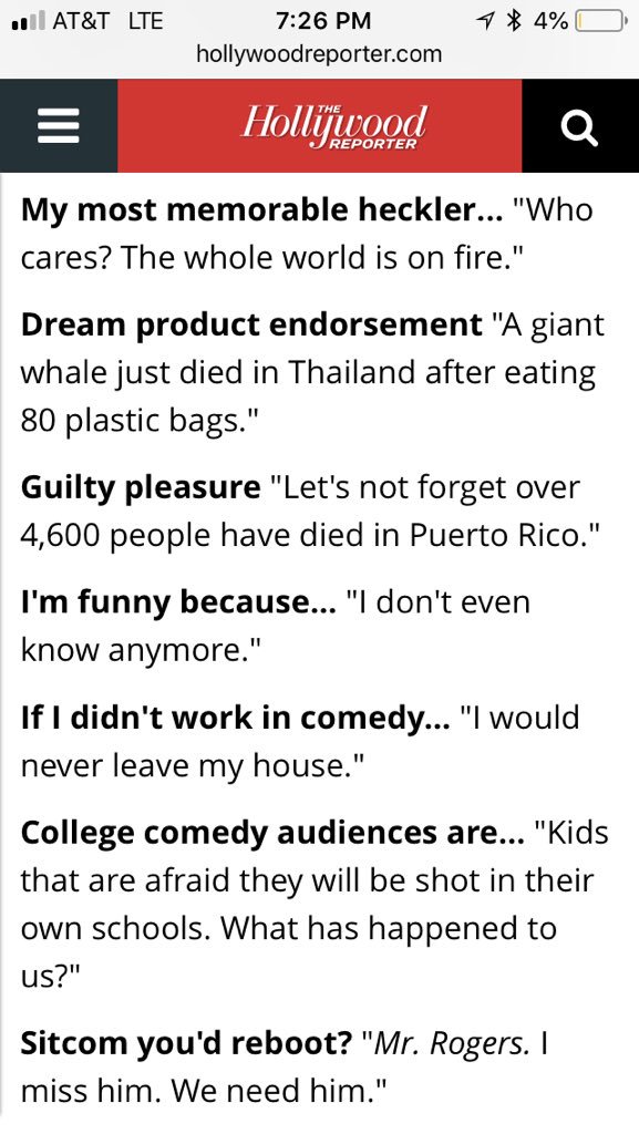 TheRealDratch's tweet image. Amy Poehler was named one of the 40 most powerful people in comedy and her answers to these questions are genius:
(Also before you bust me out- I realize my battery is on 4%)