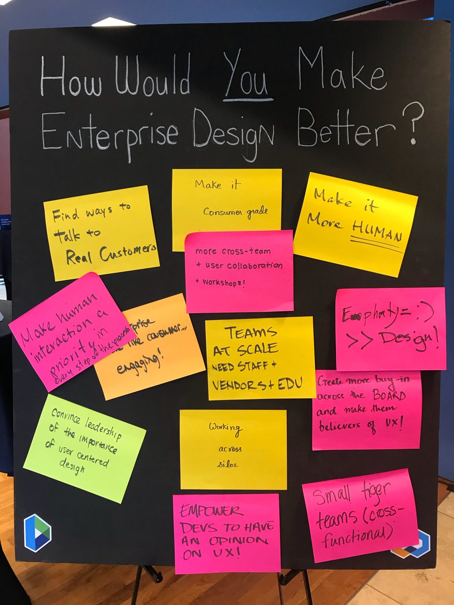 VMwareDesign's tweet photo. How would 𝘆𝗼𝘂 make enterprise design better? Here are some thoughts from @EnterpriseUX attendees! Feel free to add by tweeting your responses below ⬇️ #EUX2018 https://t.co/DxPItaTuTg