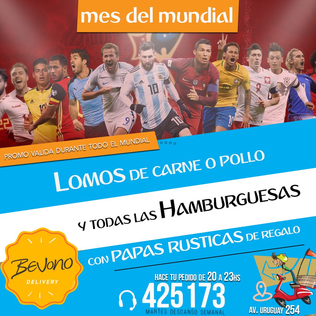 BevonoBar's tweet photo. 🏆 PROMO MUNDIAL 🏆

Durante todo el mes del
Mundial LOMOS y HAMBURGUESAS con PAPAS rústica de ¡¡¡REGALO!!!

Hace tu pedido al 425 173 de 20a23hs (Martes descanso semanal) 

#BevonoDelivery https://t.co/VjzrT7kz4V
