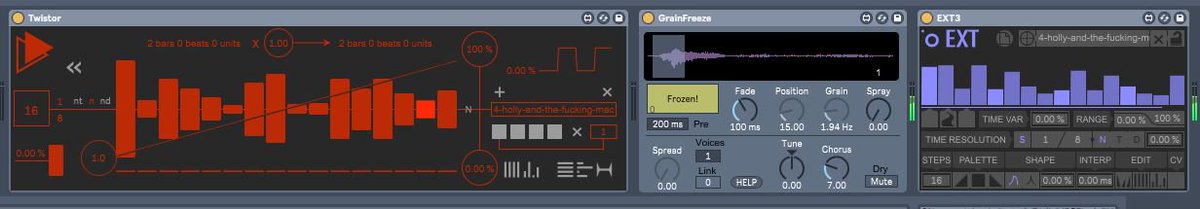 _strelokk's tweet photo. Moar grain moar pain! 😂
Grain Freeze is a fun lil' #MaxForLive audio FX. Especially when some parameters are modulated.
@kdevices Twistor triggers "Position"
EXT3 triggers the grain size
#pornoise https://t.co/E0byrzpLMc