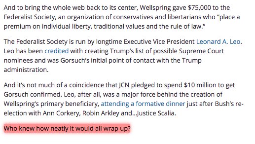 Essential reading on Wellspring via OpenSecrets. https://www.opensecrets.org/news/2017/03/wellsprings-dark-money-crucial-to-trump-orbit/25/