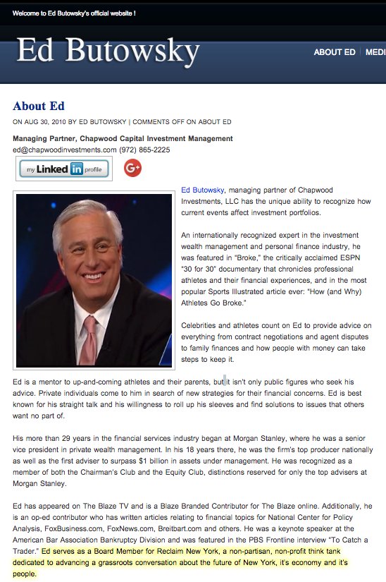 While Reclaim NY denies it, Ed Butowsky said he was a board member as well in his bio (thanks Wayback Machine)Archived on 8/19/16:  https://web.archive.org/web/20160819104616/edbutowsky.com/financial-services-advisor/38/