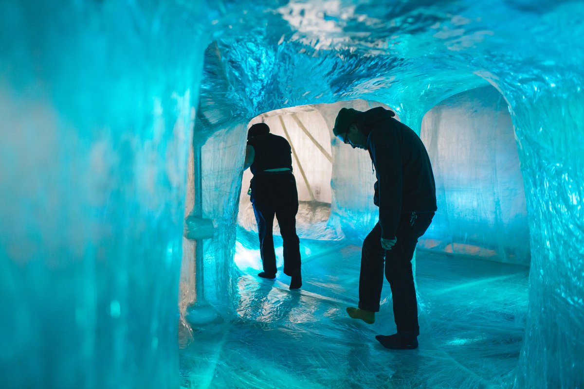 fleetscience's tweet photo. Discover the unexpected world of #TapingShape! Where hundreds of rolls of packing tape are unfurled and bound together to create a world of translucent spaces to explore. Wear your most colorful socks, because this exhibit is shoes-off and hands-on! https://t.co/Ravs8eedaZ https://t.co/xwQOHBnkGh