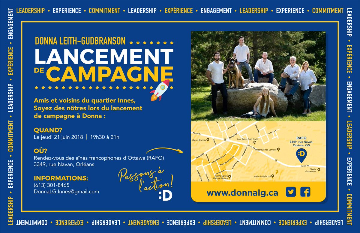 À tous mes amis qui vivent dans le #quartierinnes #élections <a href="/Ottawa/">Ottawa</a> je vous encourage à vous rendre au lancement de la campagne de <a href="/DonnaLeithGud/">Donna Leith-Gudbranson</a> le 21 juin aux Rendez-vous des aînés francophones d'Ottawa (RAFO). Elle fera une conseillère exceptionnelle et vous représentera bien