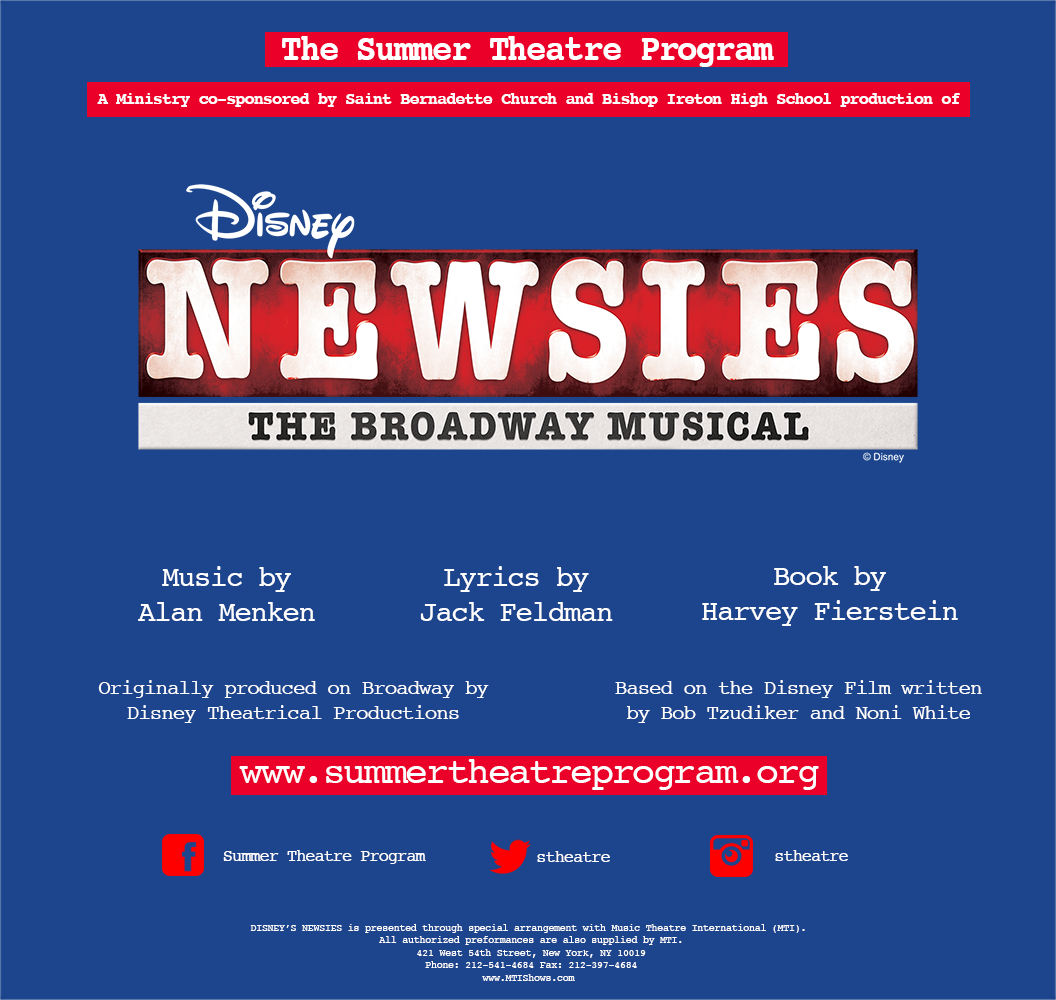 stheatre's tweet photo. NOW IS THE TIME TO SEIZE THE DAY!

The Summer Theatre Program, sponsored by Saint Bernadette Church and Bishop Ireton High School, is proud to announce their 2018 summer musical: Disney's NEWSIES, a musical based on the Disney film. https://t.co/7ZAA95OXNC