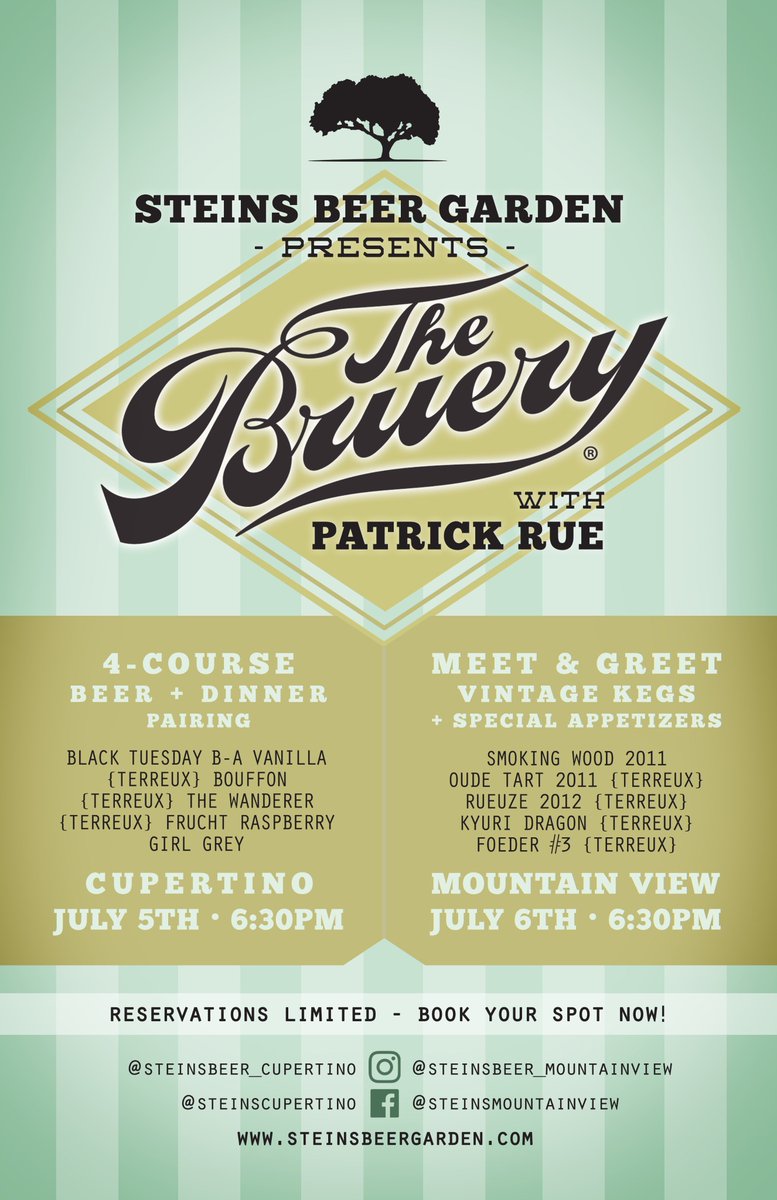 steinsbeer's tweet photo. Mark your calendars this July! We're partnering with @TheBruery for two exclusive events with its founder, Patrick Rue! Reservations limited! #steinsbeergarden #cupertino #mountainview #craftbeer #dinnerpairing #bayarea #drinklocal #dinelocal #allscratchkitchen #thebruery https://t.co/aHhu3o7mWW