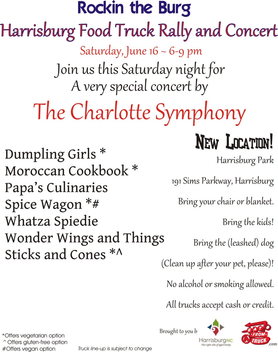 SticksAndCones's tweet photo. See you at the Harrisburg Rockin the Burg event this Saturday night, June 16, 6-9pm, featuring the Charlotte Symphony and a food truck rally! What a great night out with the family! https://t.co/Msnt6VfKma