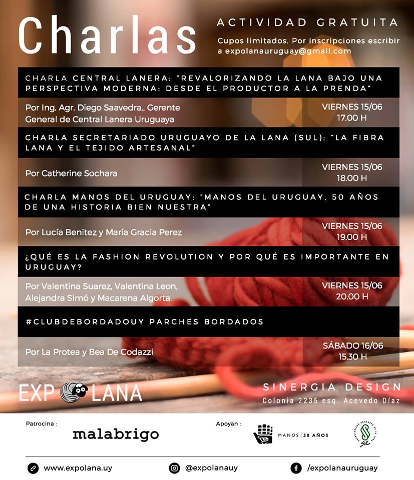 (2/8) Viernes 15, sábado 16 y domingo 17 | <a href="/ExpolanaUY/">ExpoLana Uruguay</a> en <a href="/SinergiaDesign/">Sinergia Design</a>. Exposición y venta, charlas y talleres, gastronomía. Entrada gratuita.

#8Recomendados