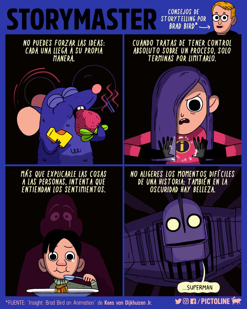 pictoline's tweet photo. Consejos de storytelling de Brad Bird, que algo sabe de contar buenas historias: es el creador de Los Increíbles, Ratatouille y el El Gigante de Hierro 😱🦸‍♀️🐀🤖 https://t.co/TgD8U2Xr2R