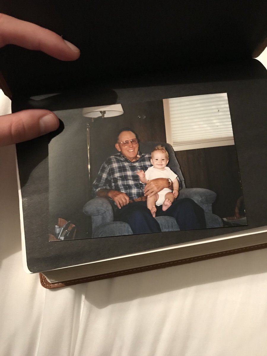 RoseSchmidgall's tweet photo. after watching “i can only imagine,” where bart millard’s dad died from pancreatic cancer, i opened my bible a few minutes later to see this picture of my grandpa who died from the same type of cancer when i was born. chills. @mercyme https://t.co/jkcNw1aJS9