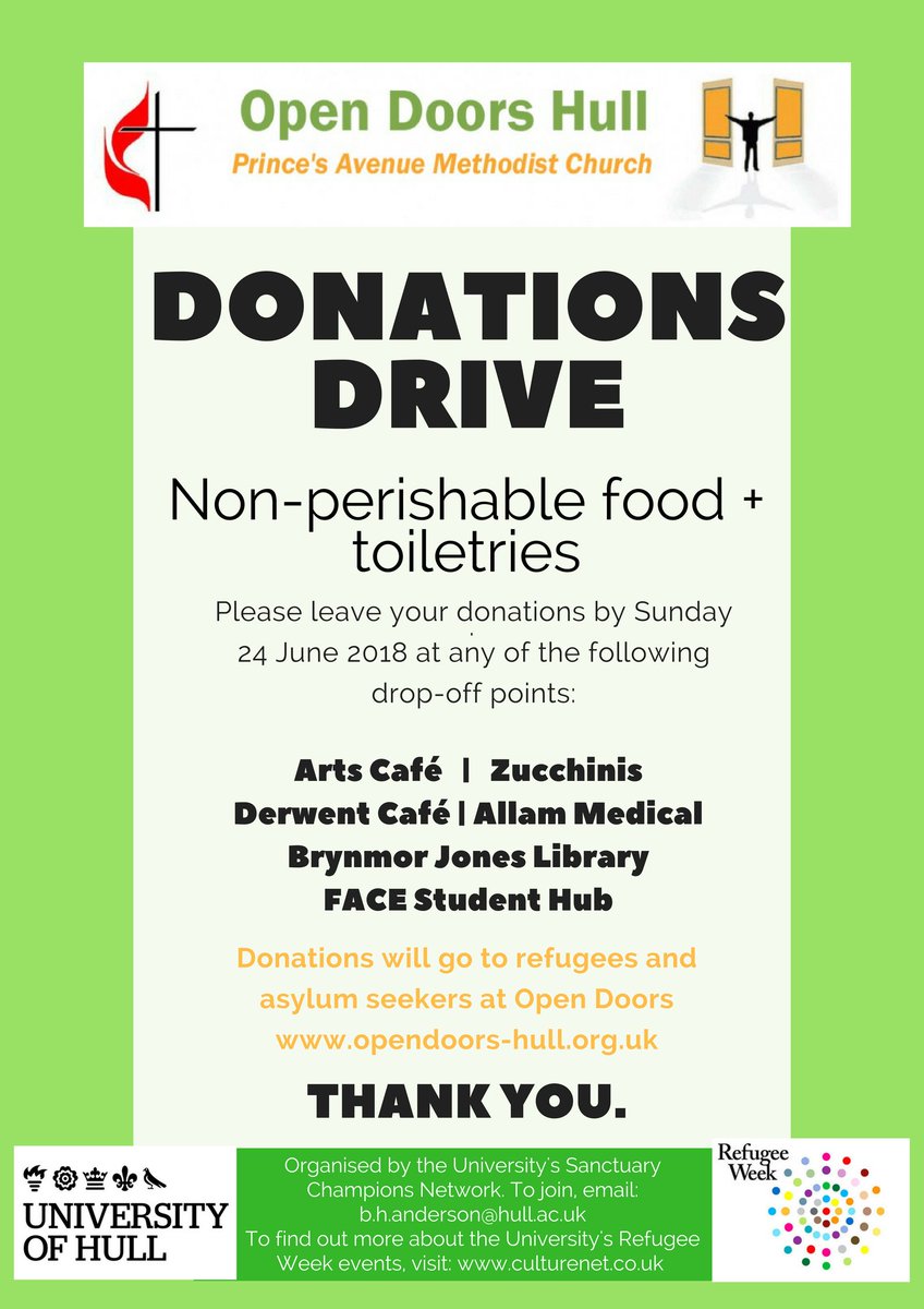Next week there will be a Donation Drive across campus with <a href="/OpenDoorsHull/">Open Doors</a> raising funds for #RefugeeWeek2018.

Open Doors are a local organisation supporting refugees and asylum seekers in Hull by offering guidance and material aid.

We welcome you all to get involved. 👇