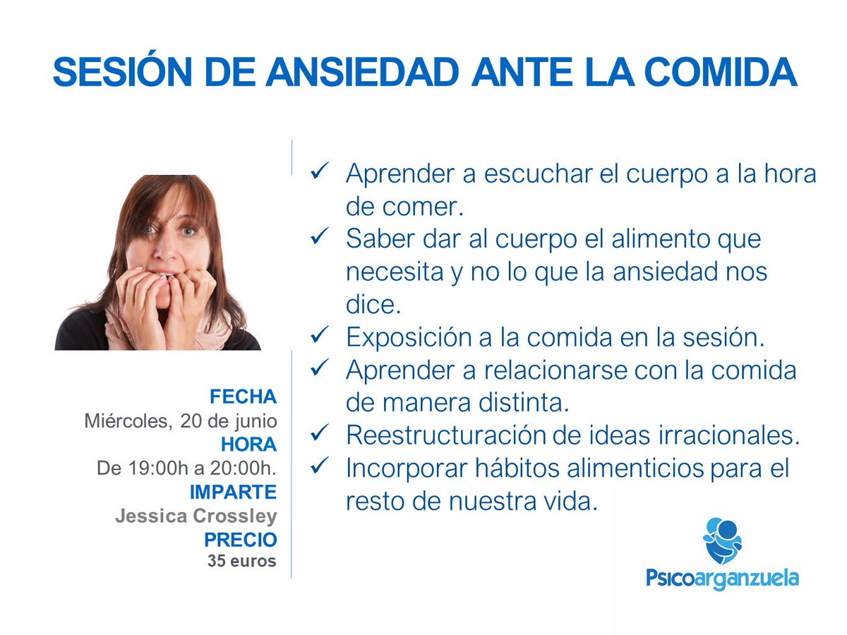 psicoarganzuela's tweet photo. ¡Buenos días! El miércoles día 20 nuestra terapeuta Jessica Crossley impartirá el taller Ansiedad ante la Comida, en el que podréis aprender a escuchar a vuestro cuerpo y relacionarnos con la comida de una forma más sana y sin ansiedad. ¡Feliz viernes! https://t.co/KBIsBVjmoT