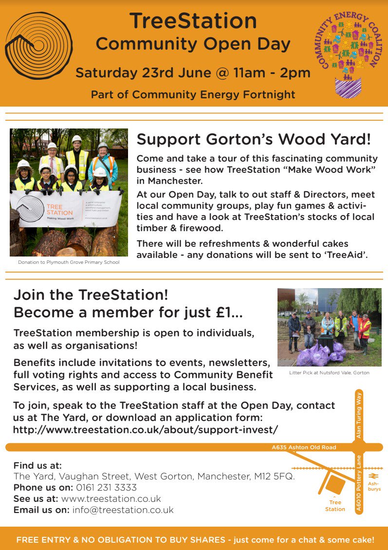 Come and see what goes on at TreeStation at our Open Day on Saturday 23rd June as part of #CommunityEnergyFortnight - lots of friendly faces, tours round the yard and plenty of cake! Don't miss out :) Hope to see you there!