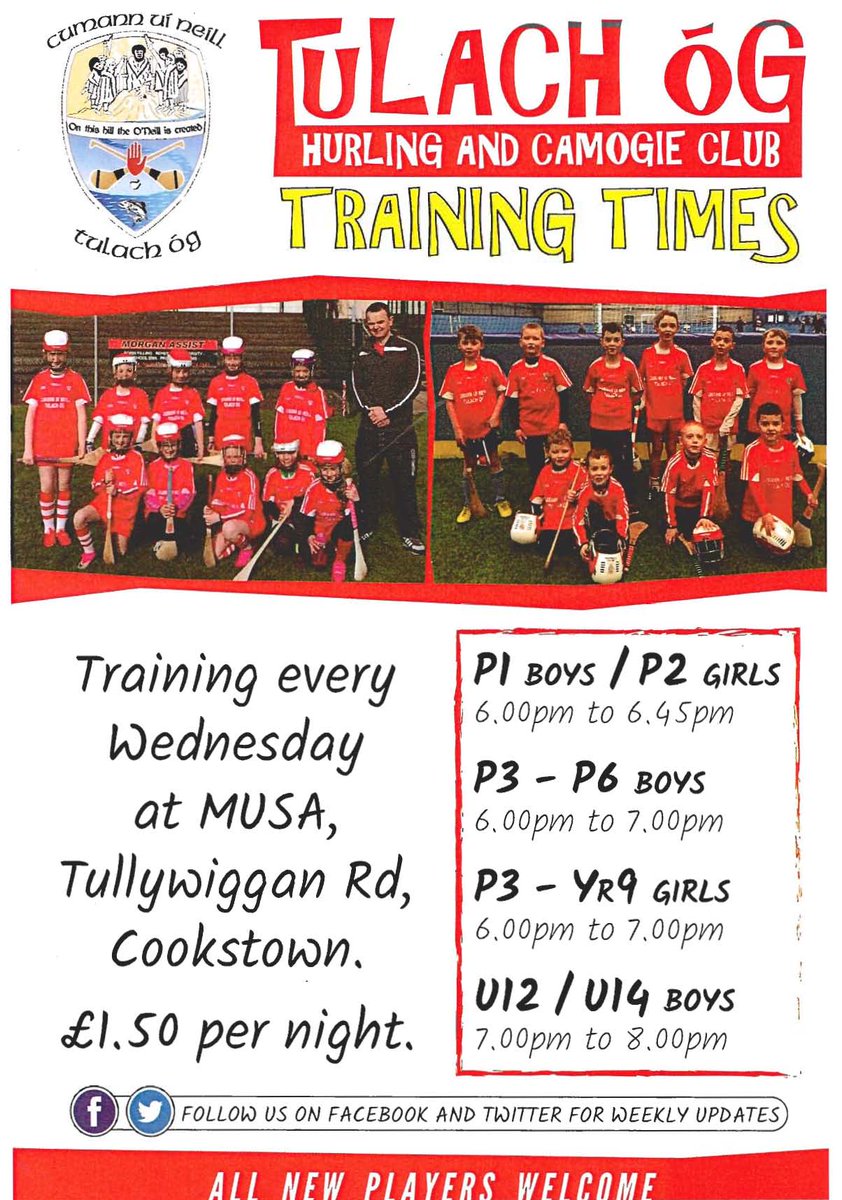 <a href="/tulachogHC/">Cumann Tulach Óg</a> Training continues on Wednesday evenings at MUSA Cookstown <a href="/MidUlster_DC/">Mid Ulster Council</a> ALL WELCOME🔴⚪️<a href="/TyroneGAALive/">Tyrone GAA</a> <a href="/teamtalkmagLIVE/">Teamtalkmag.com</a> <a href="/Tyrone_Camogie/">Tyrone Camogie</a> <a href="/MidUMail/">Mid-Ulster Mail</a> @Ulster_Herald <a href="/TyroneTimes/">TyroneTimes</a> #hurling #GAA <a href="/doc1601/">Drew</a> please RT😀