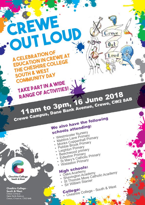 monkscop's tweet photo. This Saturday we are taking part in Crewe Out Loud at South Cheshire College! Please come along to see our school performance, view an exhibit of our children's artwork, or join in any of the wide range of activities of the day. We can't wait to see you there! #creweoutloud https://t.co/Bm5W6f0Yyk
