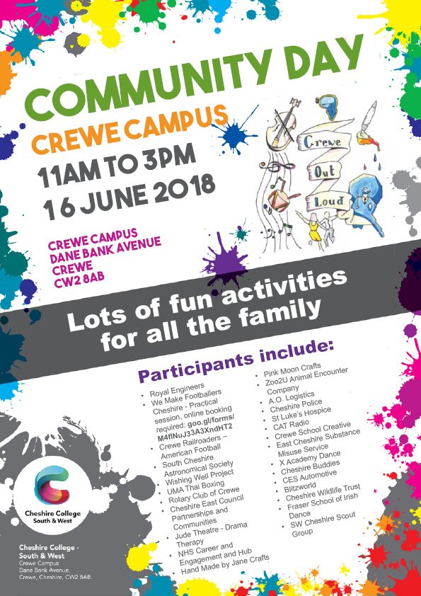 monkscop's tweet photo. This Saturday we are taking part in Crewe Out Loud at South Cheshire College! Please come along to see our school performance, view an exhibit of our children's artwork, or join in any of the wide range of activities of the day. We can't wait to see you there! #creweoutloud https://t.co/Bm5W6f0Yyk