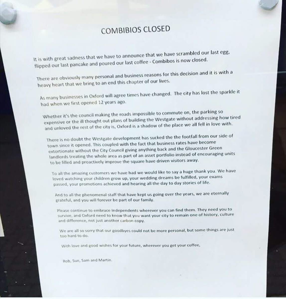 Very sad that another independent is having to close. Brilliantly written and sums up the state of Oxford. @OxMailMacky maybe we should encourage people to support their local Indy’s?