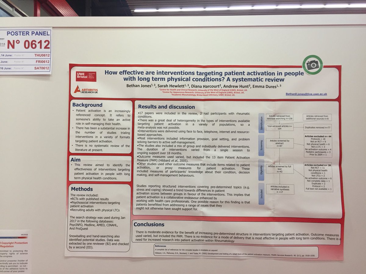 Don’t miss @_Bethan_Jones_ poster presentation on the effectiveness of interventions targeting #patient activation in people with long term physical conditions #EULAR2018