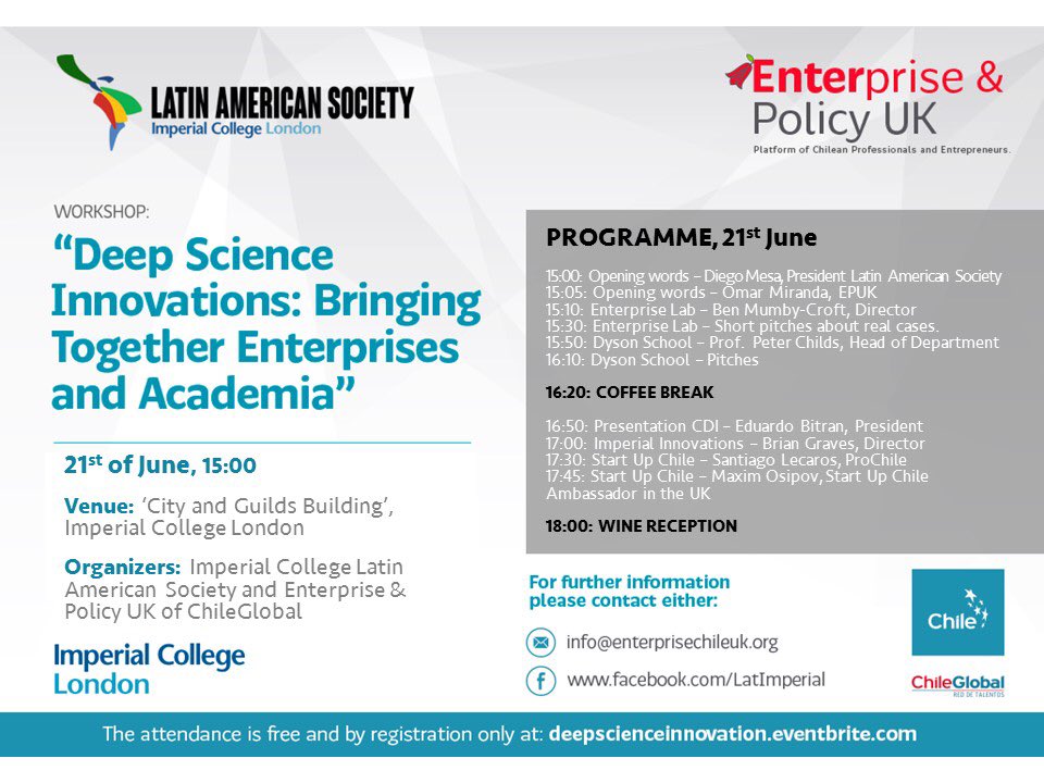 Latamsoc's tweet photo. Be part of our amazing event! Get your free tickets at https://t.co/Ppaxt2yv1R

We will have speakers and guests from @ICEnterpriseLab @ImperialInnova @startupchile @Chile_Global and @clubdeinnovacio

Next 21st of June @imperialcollege https://t.co/G9DfmZXBNn